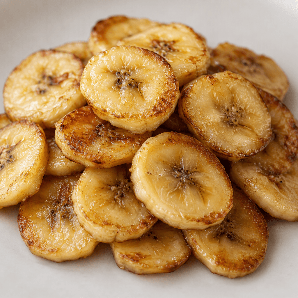 Thin, round banana slices with pale golden surfaces and lightly browned edges are arranged in a small pile, their surfaces slightly glossy and firm.