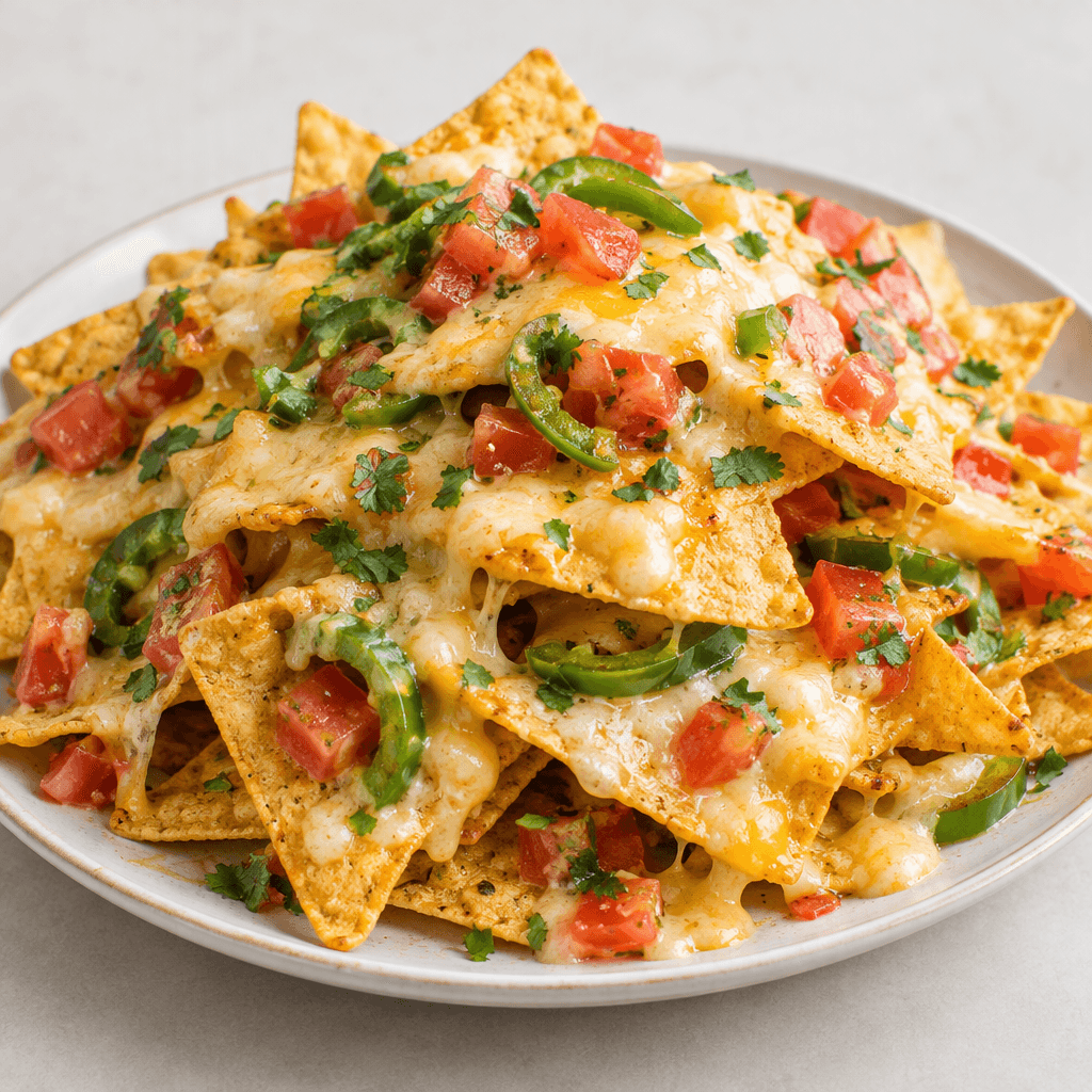 A heap of crisp, triangular golden corn chips layered with melted pale-yellow cheese, diced red tomatoes, sliced green peppers and small green herbs on a plate.