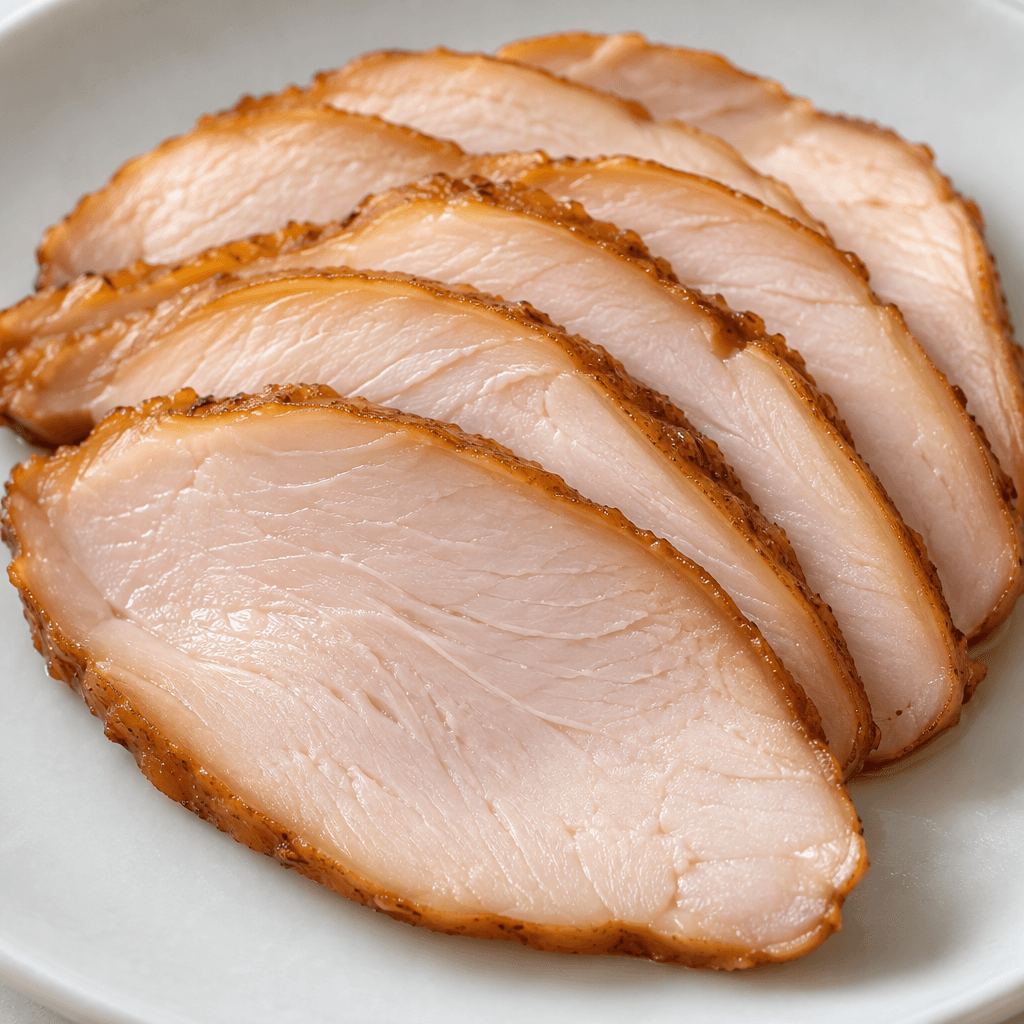 Thin, overlapping slices of smoked chicken breast have a pale pink-beige interior, lightly browned edges, and a smooth, moist surface.