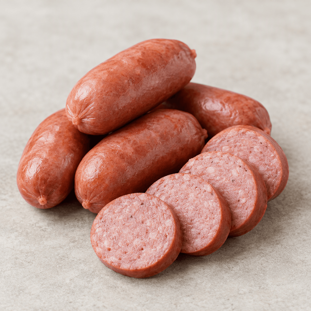 Short, smooth, reddish-pink sausage links are arranged beside several round slices showing a finely textured interior.