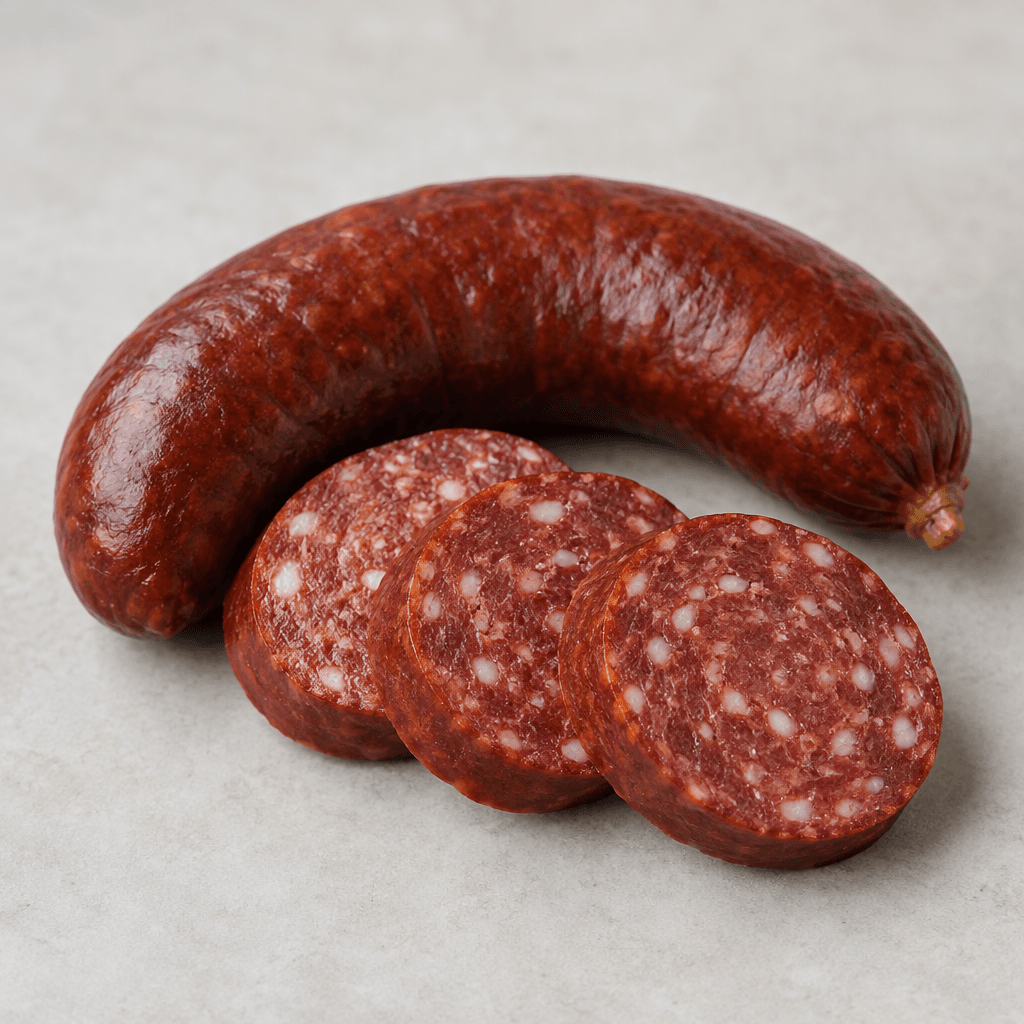 A short, gently curved, deep reddish-brown sausage with a smooth, taut casing, shown whole beside round slices with a dense red interior dotted with small white flecks of fat.