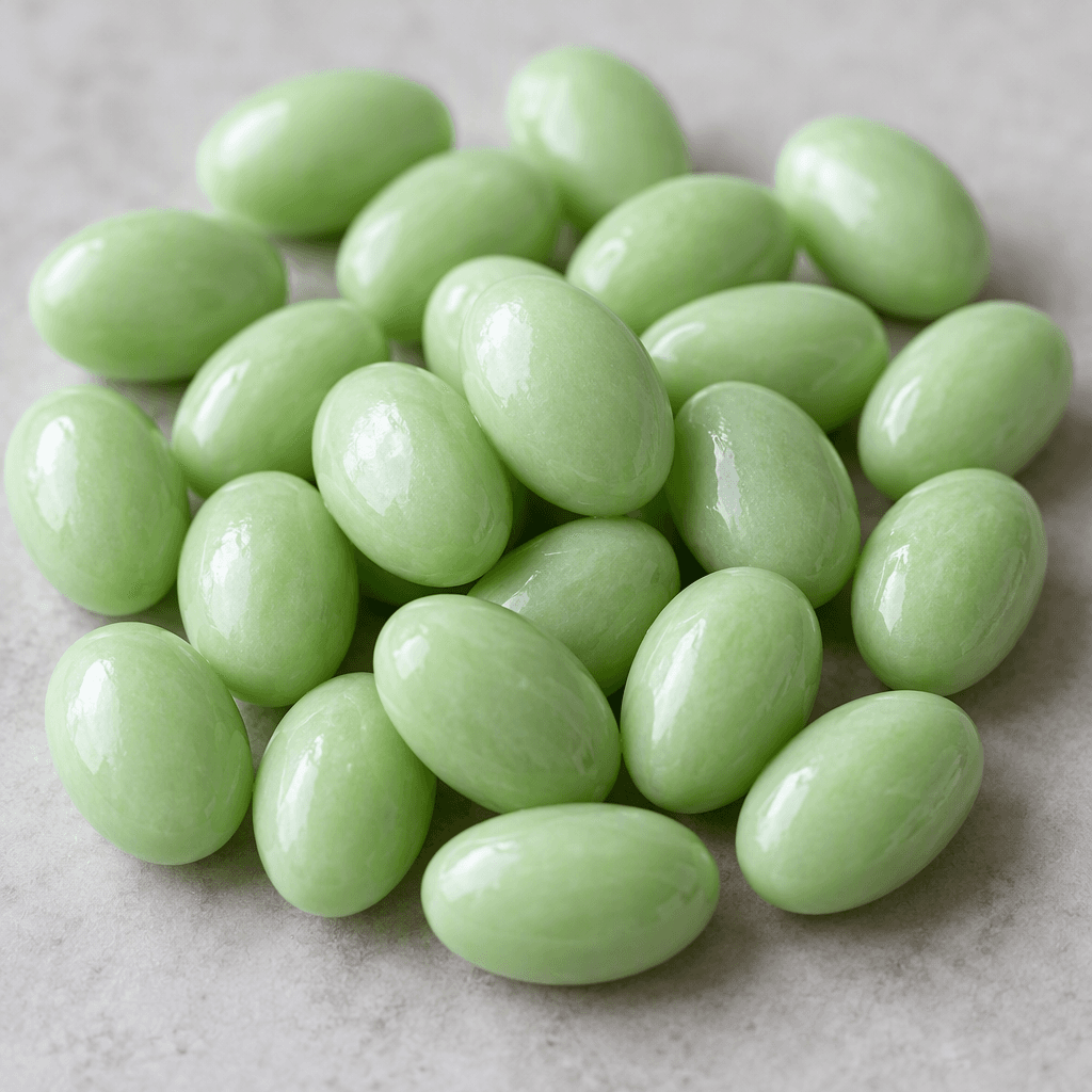 Small, smooth, glossy pale-green oval mint candies are scattered together on a plain surface.
