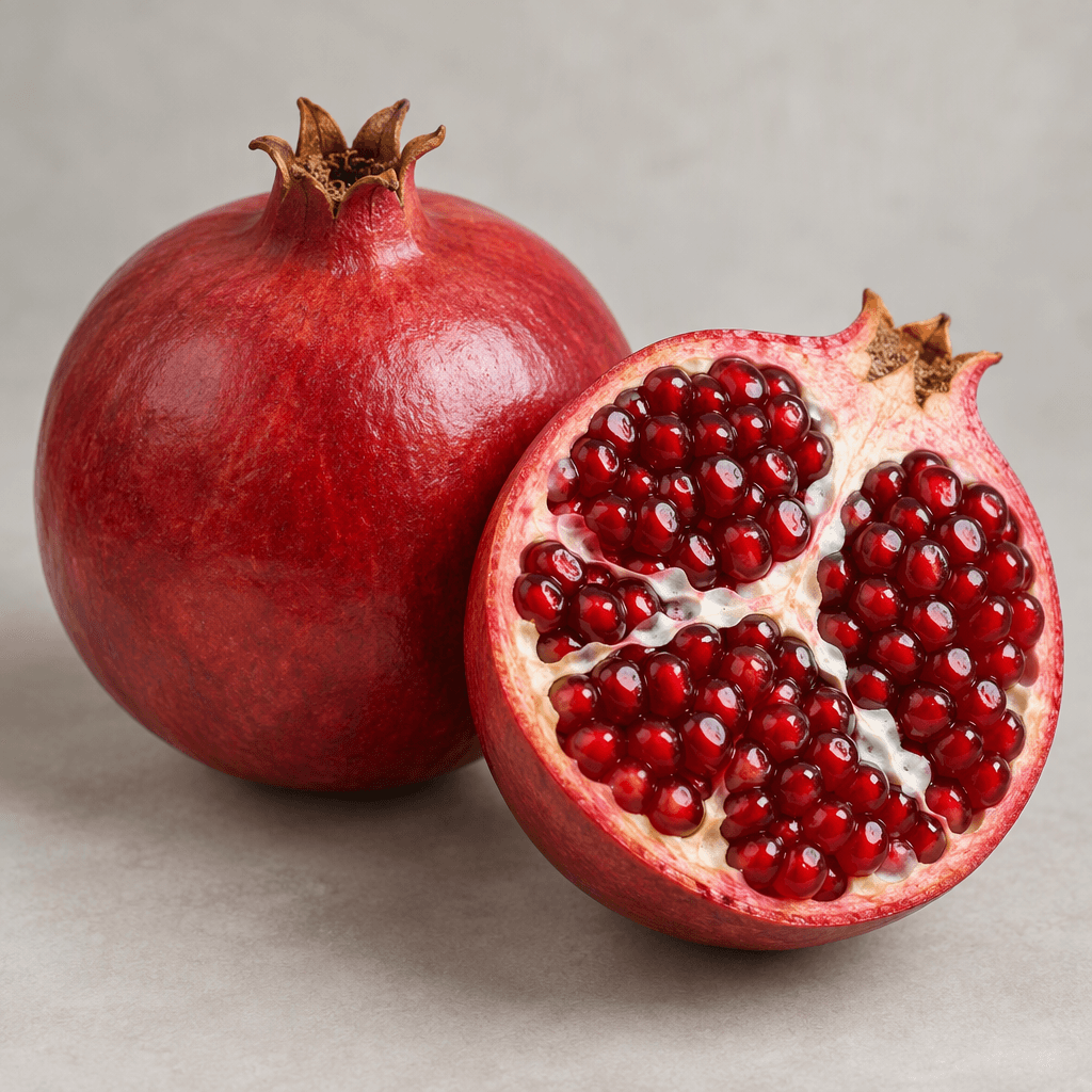 A round pomegranate with smooth, taut deep red skin and a small crown-shaped calyx, shown whole beside a halved fruit revealing tightly packed ruby-red, glossy seed clusters separated by thin pale membranes.