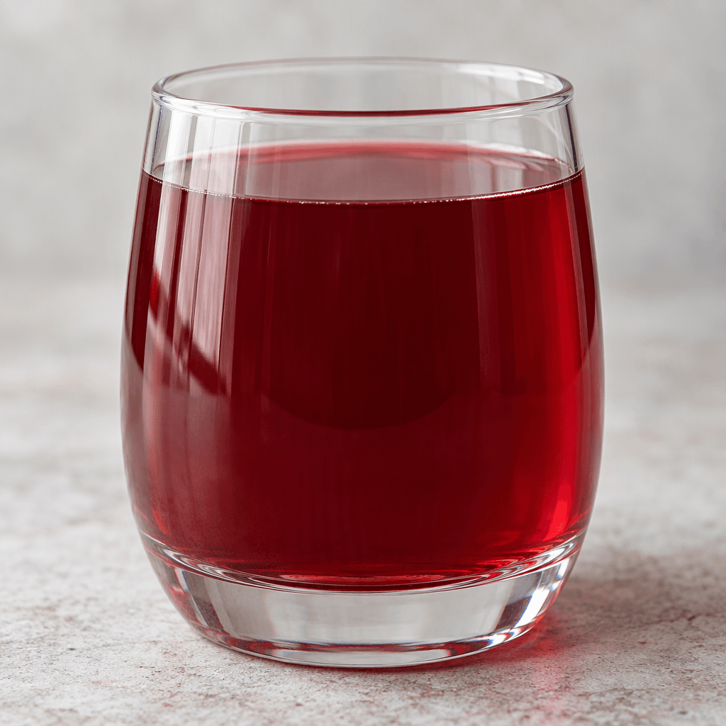 A glass filled with translucent deep ruby-red pomegranate juice, with a smooth surface and no visible garnish.