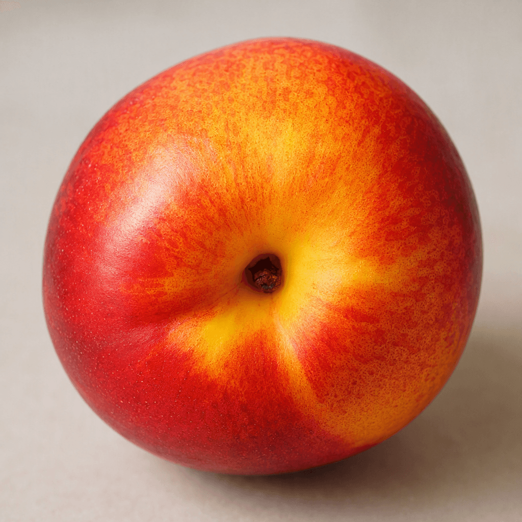 A nectarine with smooth, taut skin in yellow-orange with a red blush and a shallow groove running from stem to base; the cut half shows firm golden flesh around a large, rough brown pit.