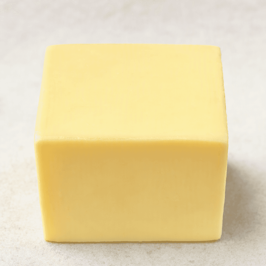 A smooth, pale-yellow processed cheese block with a uniform, slightly glossy surface and clean, straight-cut edges.