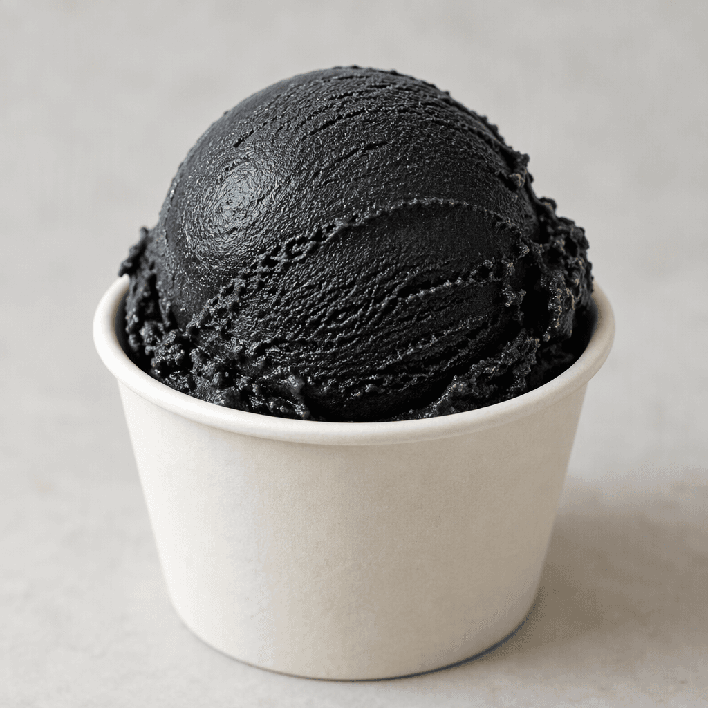 A scoop of very dark, almost black ice cream with a smooth, dense surface, served in a cup.