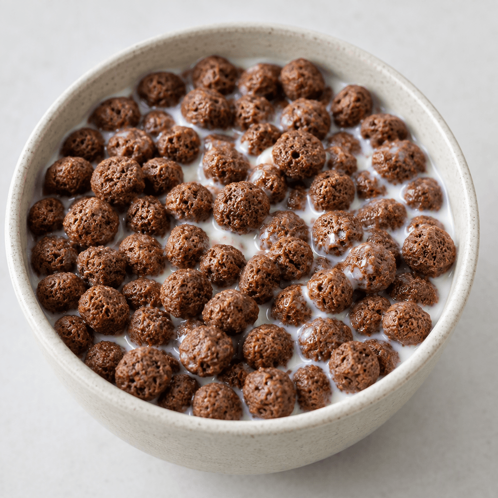 Small, round, porous chocolate-brown cereal pieces fill a bowl, with pale milk visible between them and a few pieces floating on the surface.