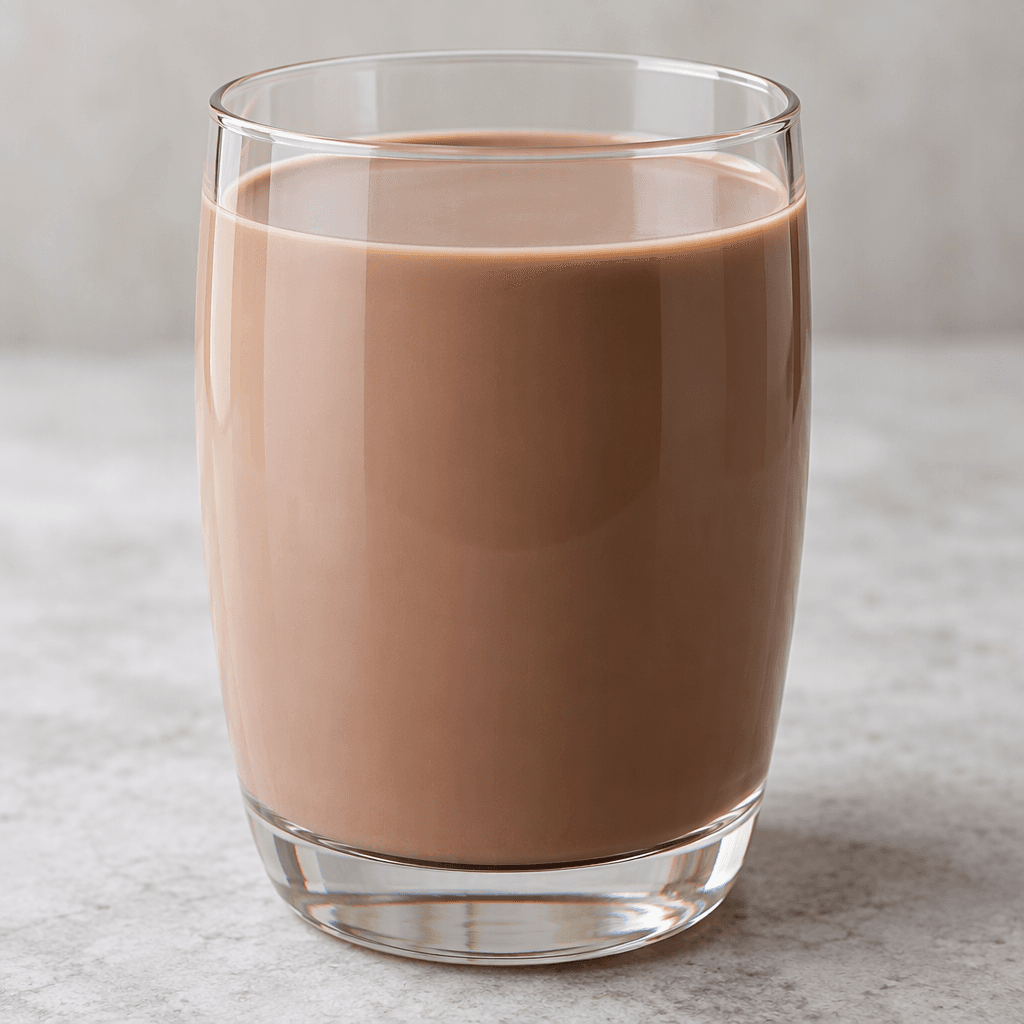 A smooth, opaque light-brown chocolate milk fills a clear glass, with an even surface and no visible pieces.