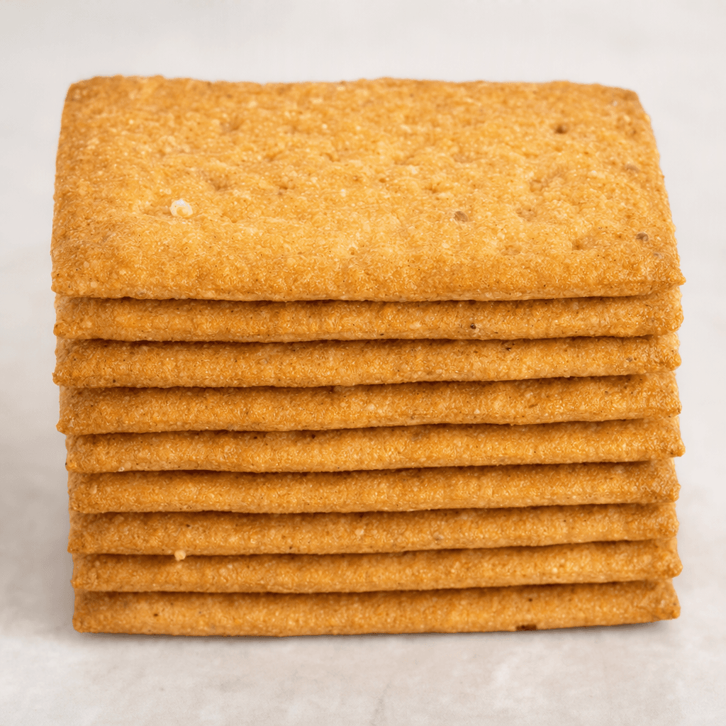 Thin, rectangular golden-brown biscuits with a lightly rough, grain-speckled surface and small embossed markings, arranged in a neat stack.