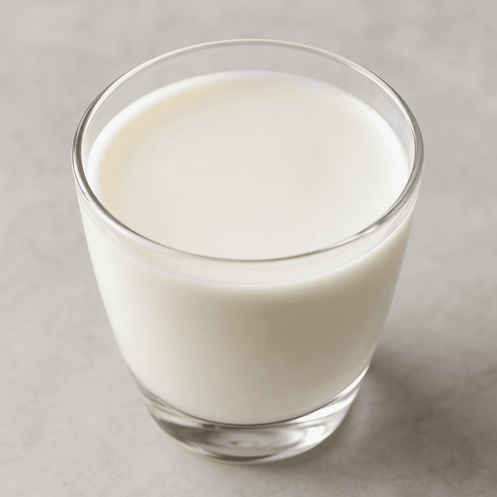 An opaque, creamy off-white liquid with a smooth, thin texture, shown in a clear glass or small serving vessel.
