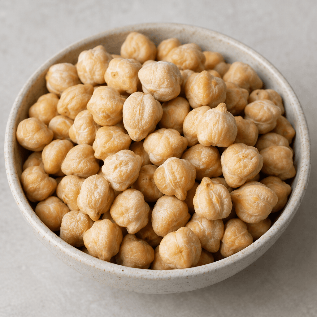 Pale beige, roughly round chickpeas with slightly flattened sides, small pointed tips, and gently wrinkled, dimpled surfaces, piled together in a shallow bowl.