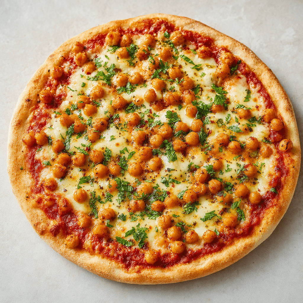 Yuvarlak, yassı pizzanın hafif kızarmış kenarları üzerinde altın sarısı nohutlar, kırmızı domates sosu, erimiş açık renkli peynir ve serpiştirilmiş yeşil otlar görülüyor.