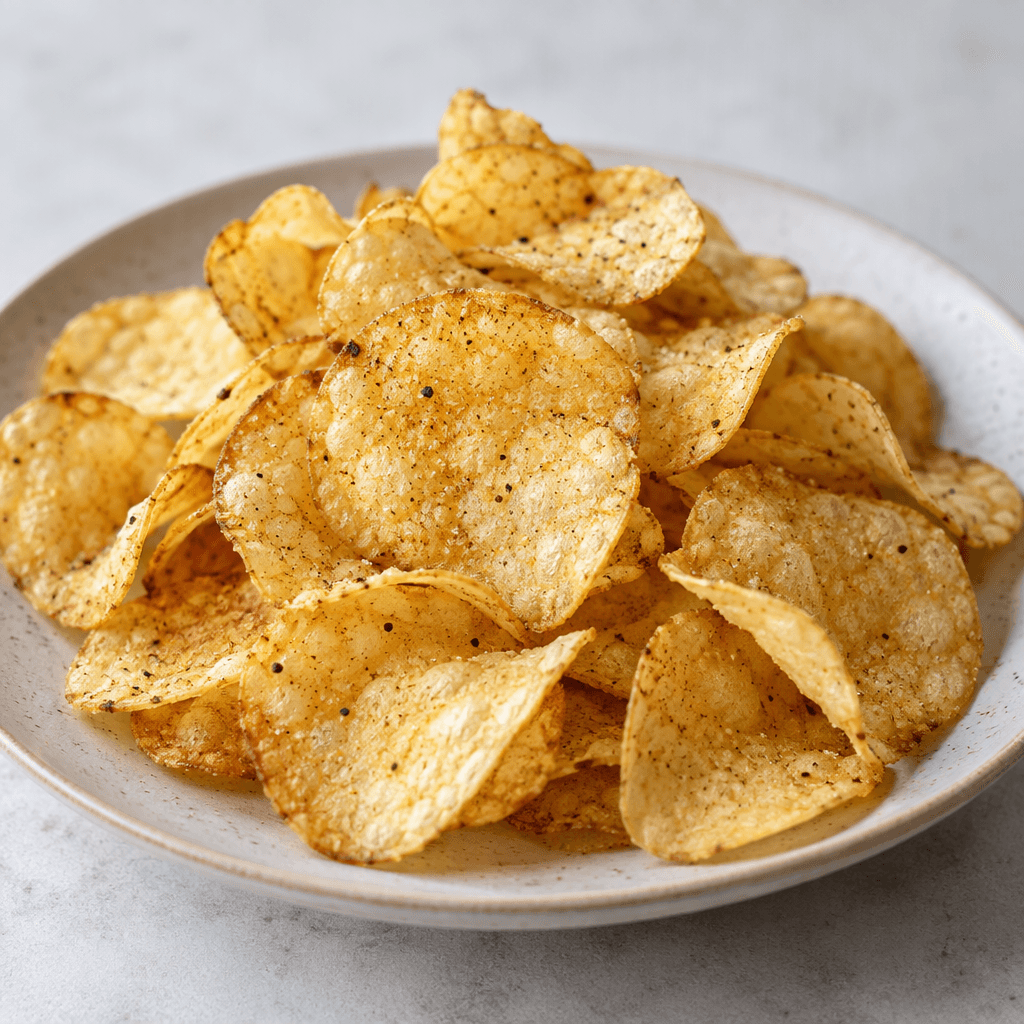 A small pile of thin, irregular golden-beige crisps with a lightly rippled surface and a fine coating of seasoning, served loose on a plate.