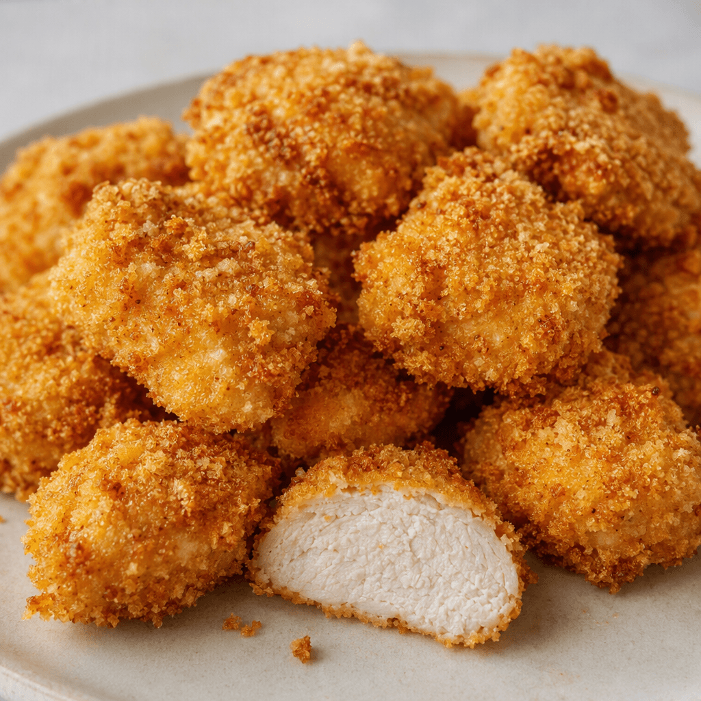 Bite-sized, irregularly shaped pieces of pale chicken are covered in a coarse golden-brown crumb coating and arranged on a plain plate, with one piece cut open to show the light, compact interior.