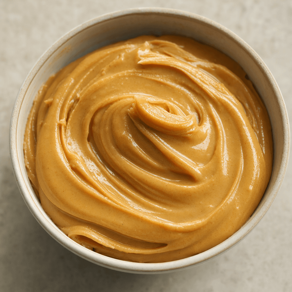 A thick, smooth, slightly glossy tan-brown paste sits in a small bowl, with soft ridges and swirls across its surface.