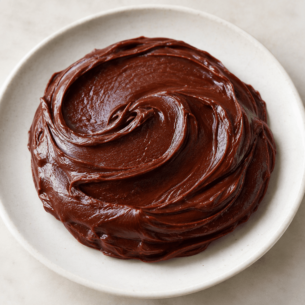 A thick, smooth, glossy dark reddish-brown spread with an even creamy texture, heaped or swirled on a plate.