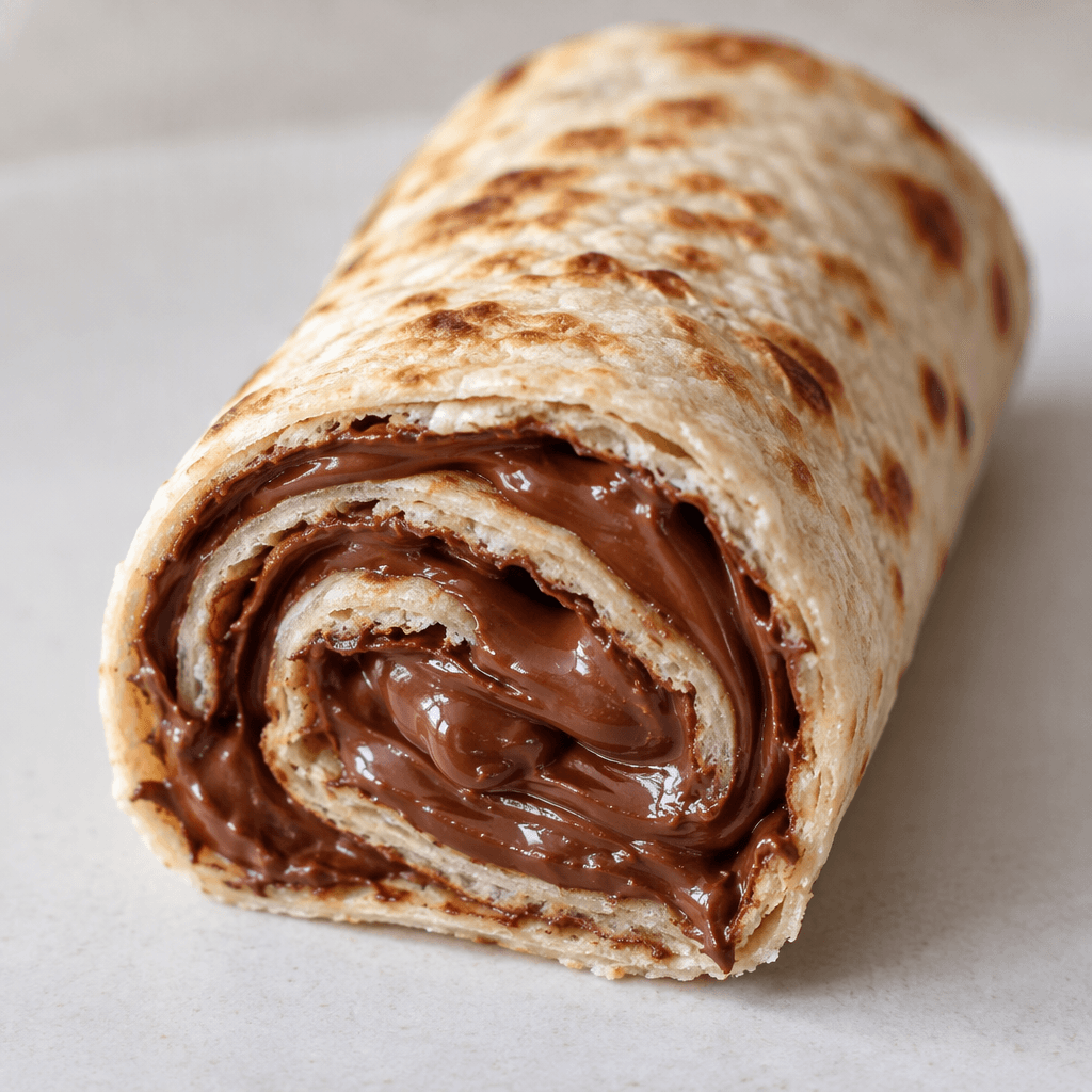 A thin, soft wheat flatbread is spread with glossy dark-brown chocolate-hazelnut cream, rolled into a neat cylinder, and cut to show the filling inside.