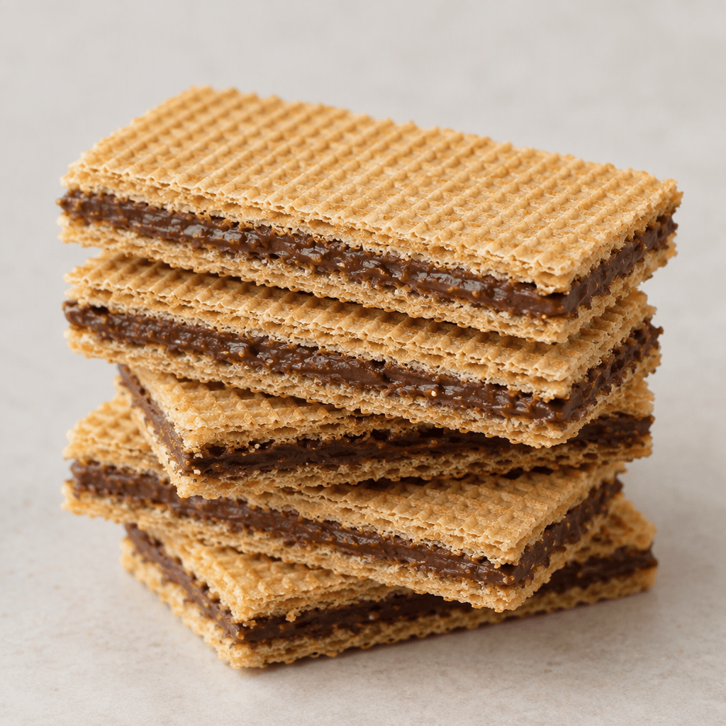 Rectangular golden-brown wafers with fine ridged surfaces are stacked to show thin crisp layers filled with dark brown chocolate-hazelnut cream.