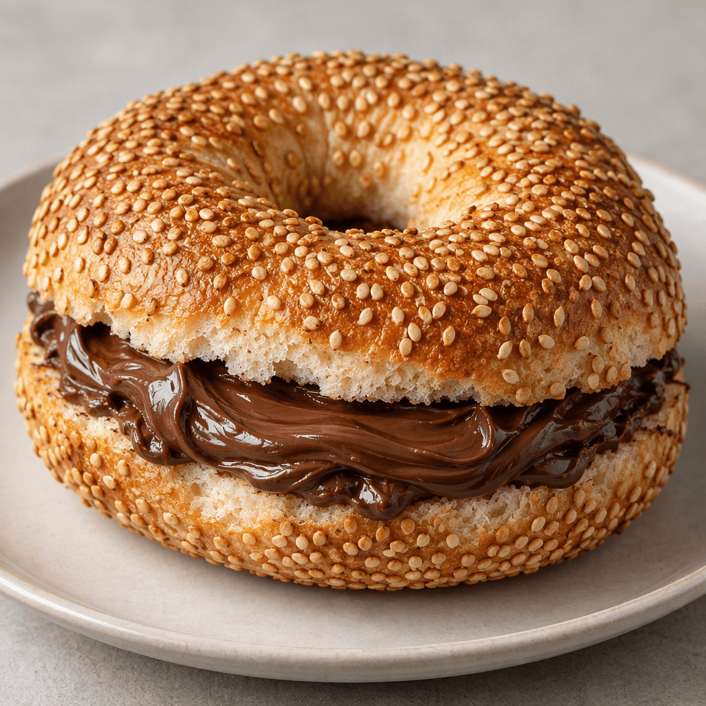 A golden-brown sesame-coated bread ring, split open and filled with a thick, glossy dark-brown chocolate spread, rests on a plate.