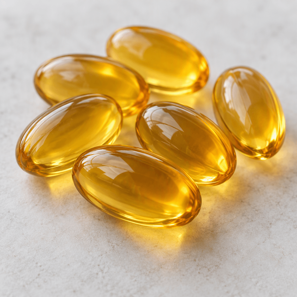 Several smooth, translucent golden-amber oval softgel capsules with glossy surfaces are arranged loosely on a plain light surface.