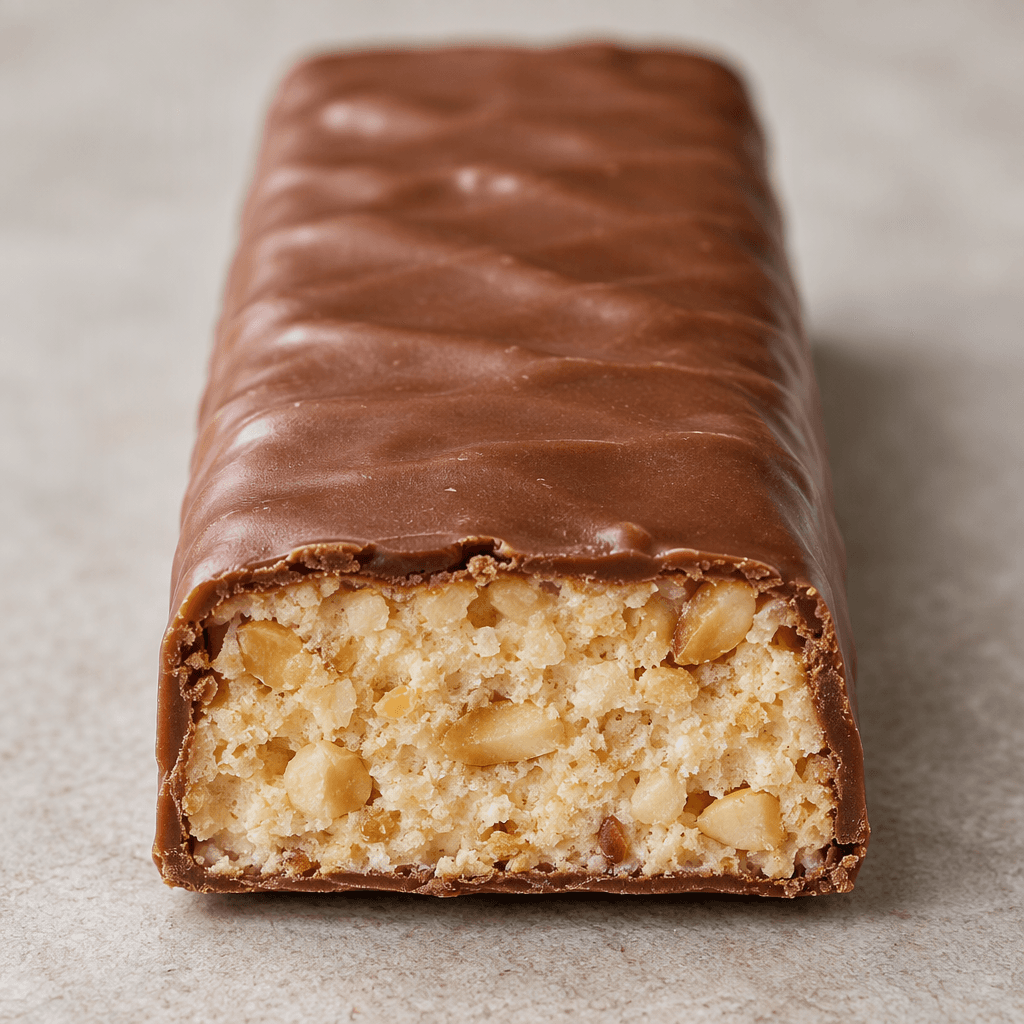 A long, rectangular chocolate bar with a smooth brown coating and a cut end showing a pale, crunchy interior dotted with small nut pieces.