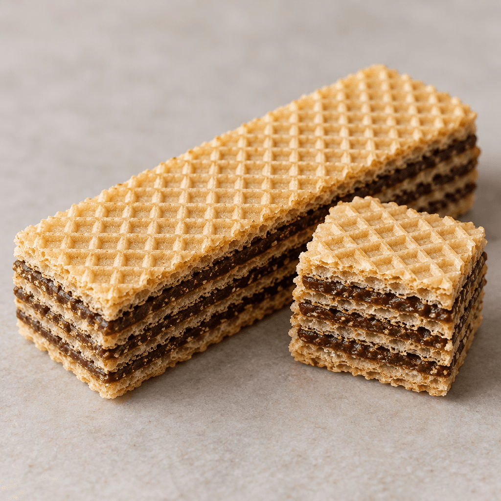 A rectangular wafer bar with crisp, pale-golden layers and dark cocoa-colored cream between them, shown whole beside a cut piece with its thin, stacked layers visible.