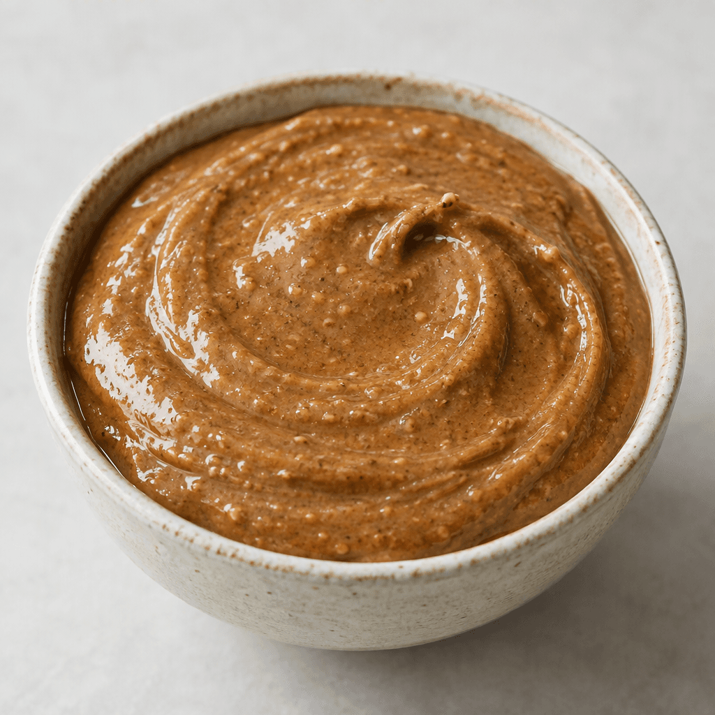 A thick, glossy brown nut spread sits in a small bowl, with a smooth, creamy surface and a few finely ground nut pieces visible throughout.