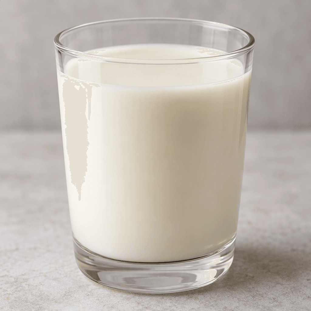 An opaque, smooth, pale ivory liquid sits in a clear glass, with a level surface and no visible pieces.