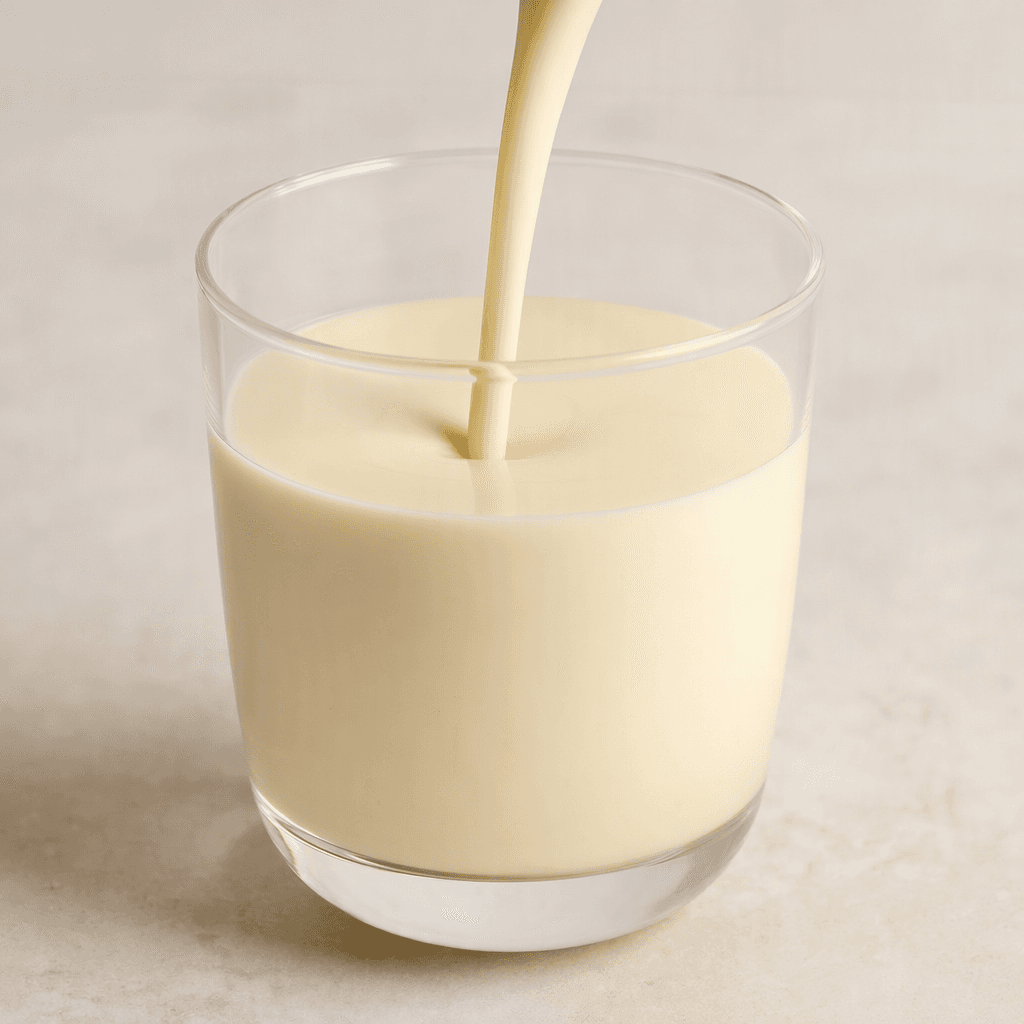 A smooth, opaque, pale cream-colored liquid is poured into a clear glass, with a uniform surface and no visible pieces.