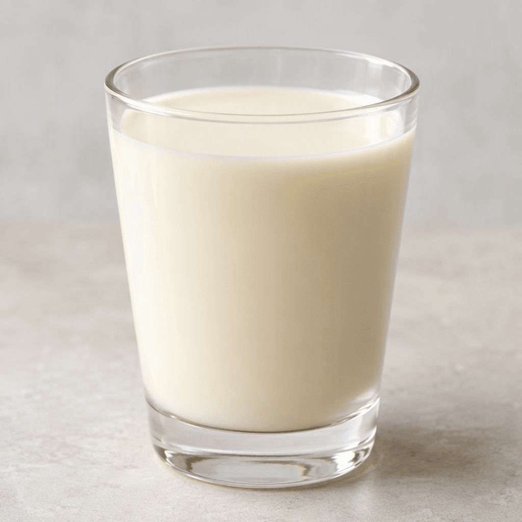 A smooth, opaque, pale ivory liquid with a uniform, slightly creamy appearance, shown in a clear glass.
