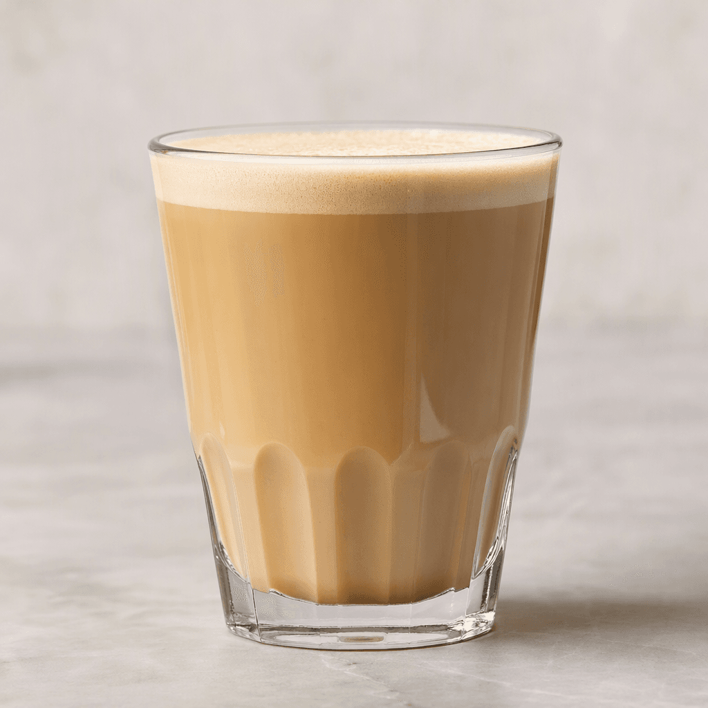 A smooth, opaque light-brown coffee drink sits in a clear glass, with a thin layer of pale foam on top.