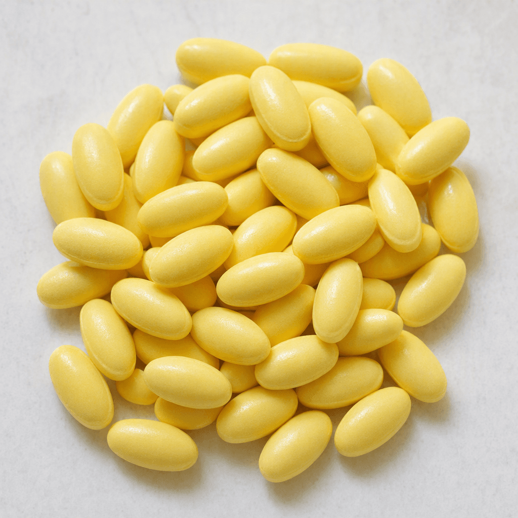 Small, pale yellow, oblong tablets with smooth, slightly glossy surfaces are arranged in a neat cluster.