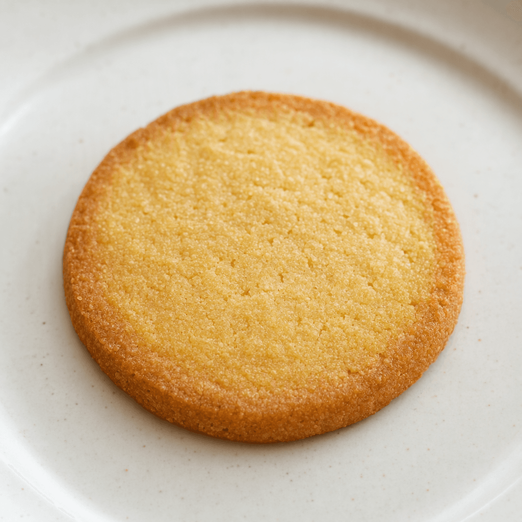 A small, flat, golden-brown biscuit with a lightly textured surface and slightly darker edges rests on a plain plate.