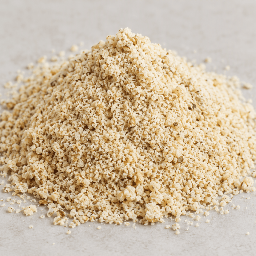 A loose mound of finely ground almonds, pale cream to light beige in colour, with a dry, slightly coarse, sandy texture and tiny irregular flecks.