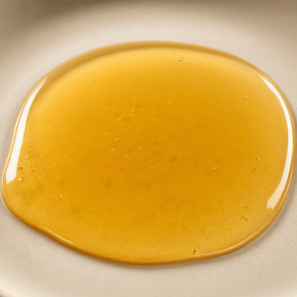 A clear, glossy, translucent golden-yellow liquid forming a smooth reflective pool with gently rounded edges.