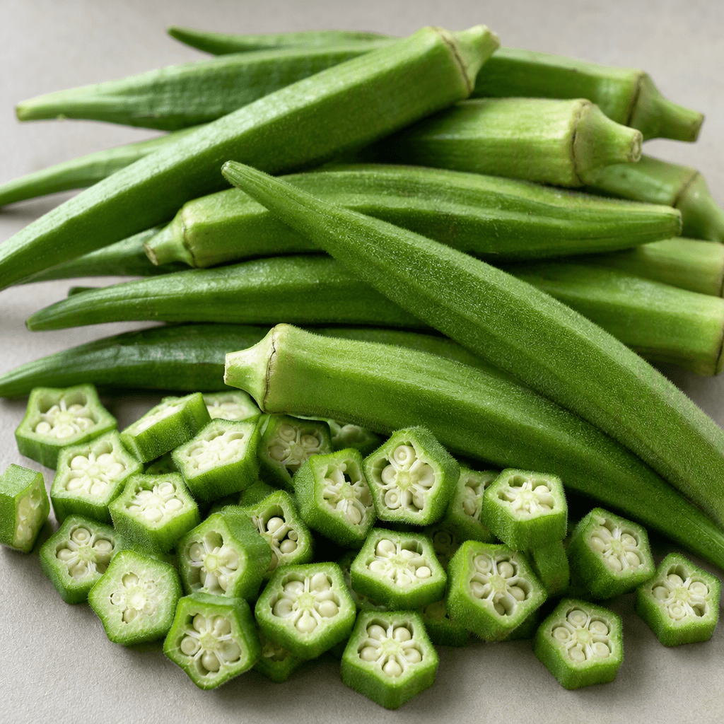 Fresh okra pods with ridged, five-sided green bodies, tapered pointed tips, and short stem caps, shown whole and sliced into small star-shaped rounds with pale seeds visible inside.