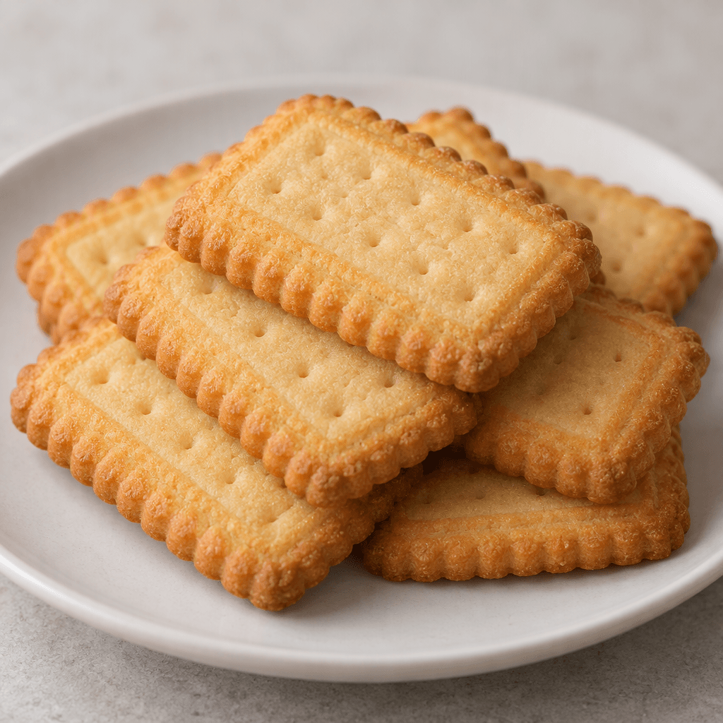 Several small, golden-brown rectangular biscuits with lightly ridged edges and a smooth, faintly patterned surface are stacked on a plain plate.