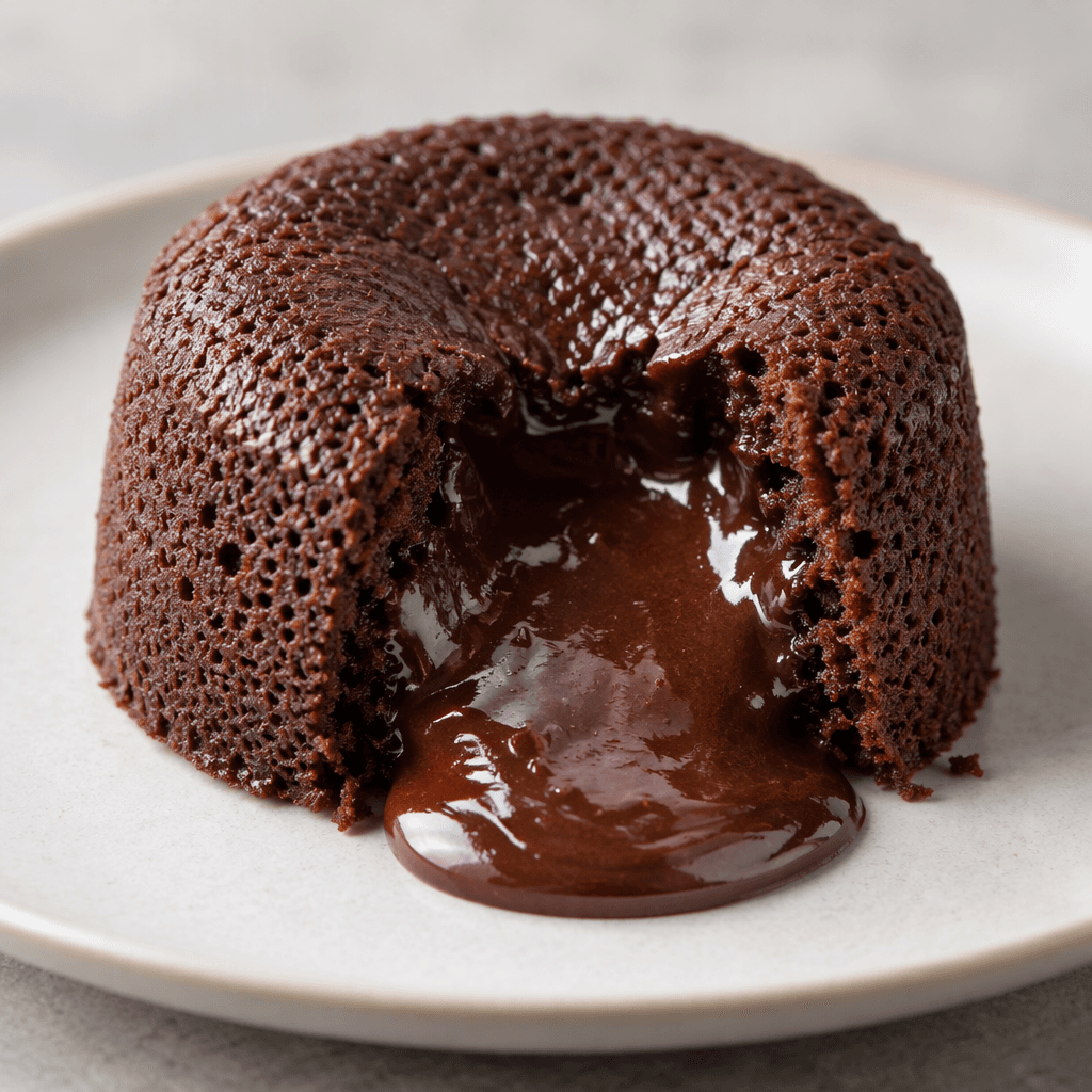 A small, dark-brown chocolate cake with a soft, porous surface and glossy melted chocolate visible in its center, served on a plain plate.