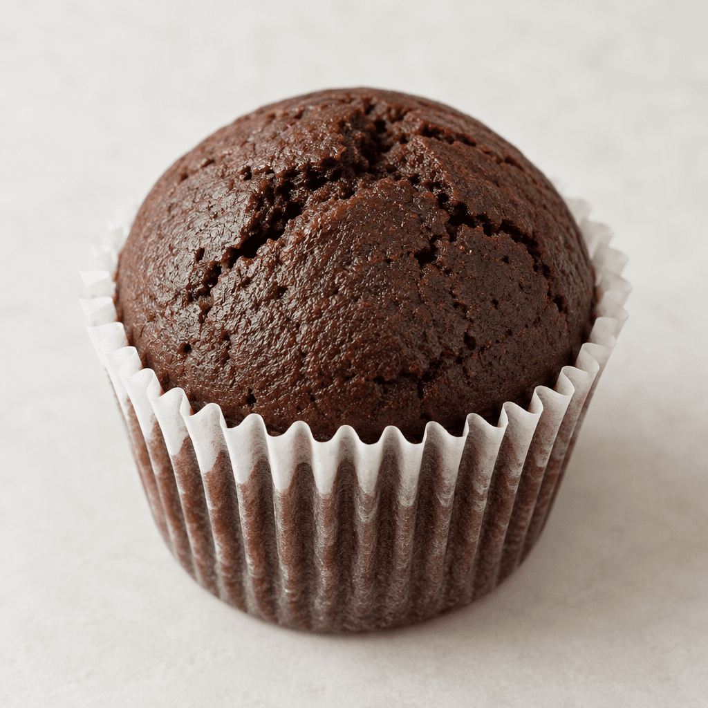 Small, round chocolate cakes with dark brown, softly domed tops and slightly cracked surfaces, each nestled in a pleated paper cup.