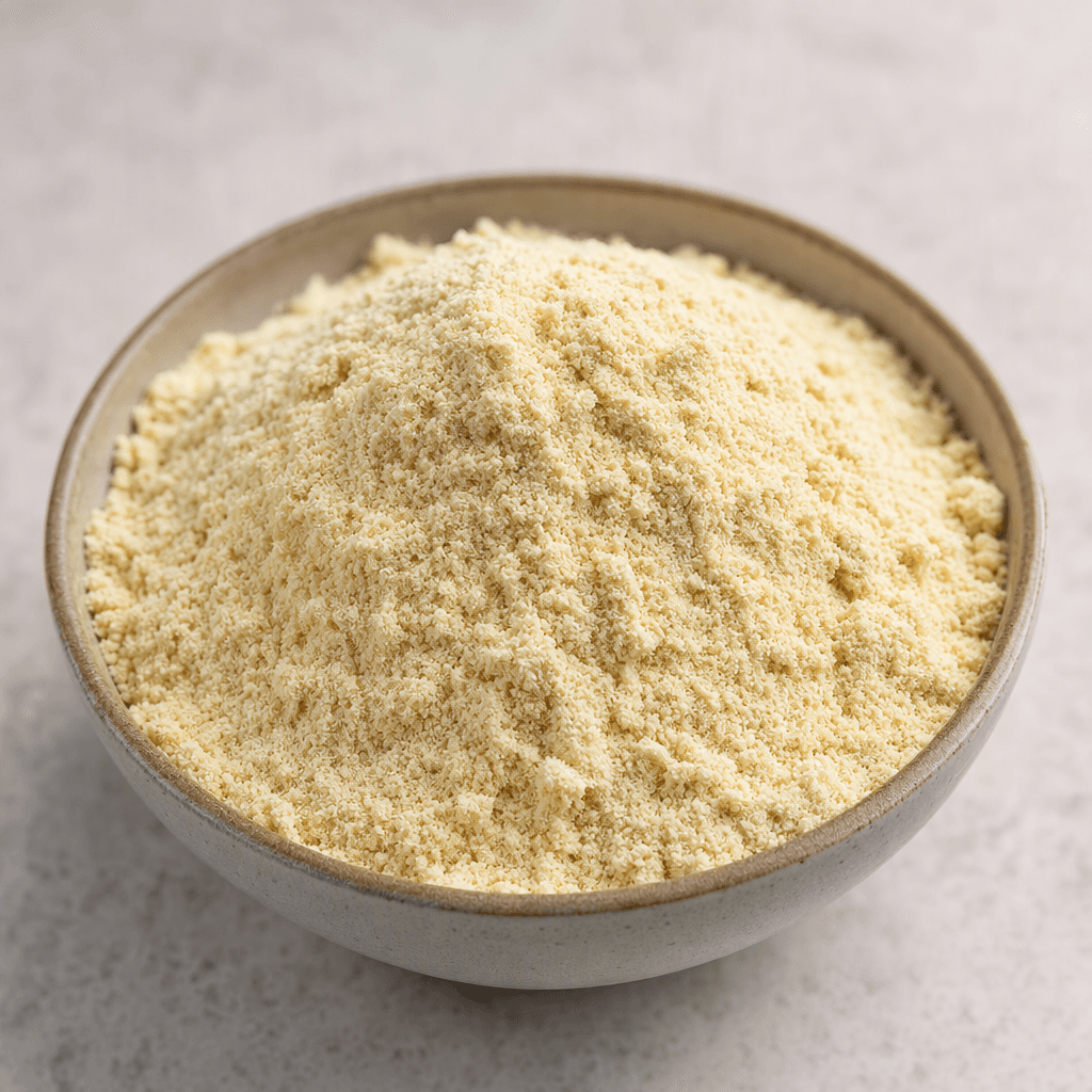 A heap of fine, dry carbohydrate powder with a light beige colour and a slightly grainy texture sits in a small bowl.