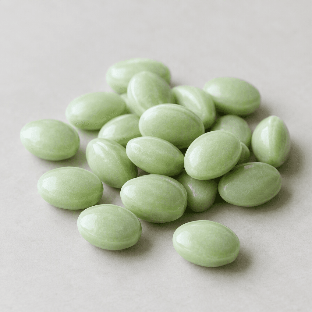 Small, smooth, pale mint-green lozenges with a gently domed, oval shape, scattered on a plain surface.