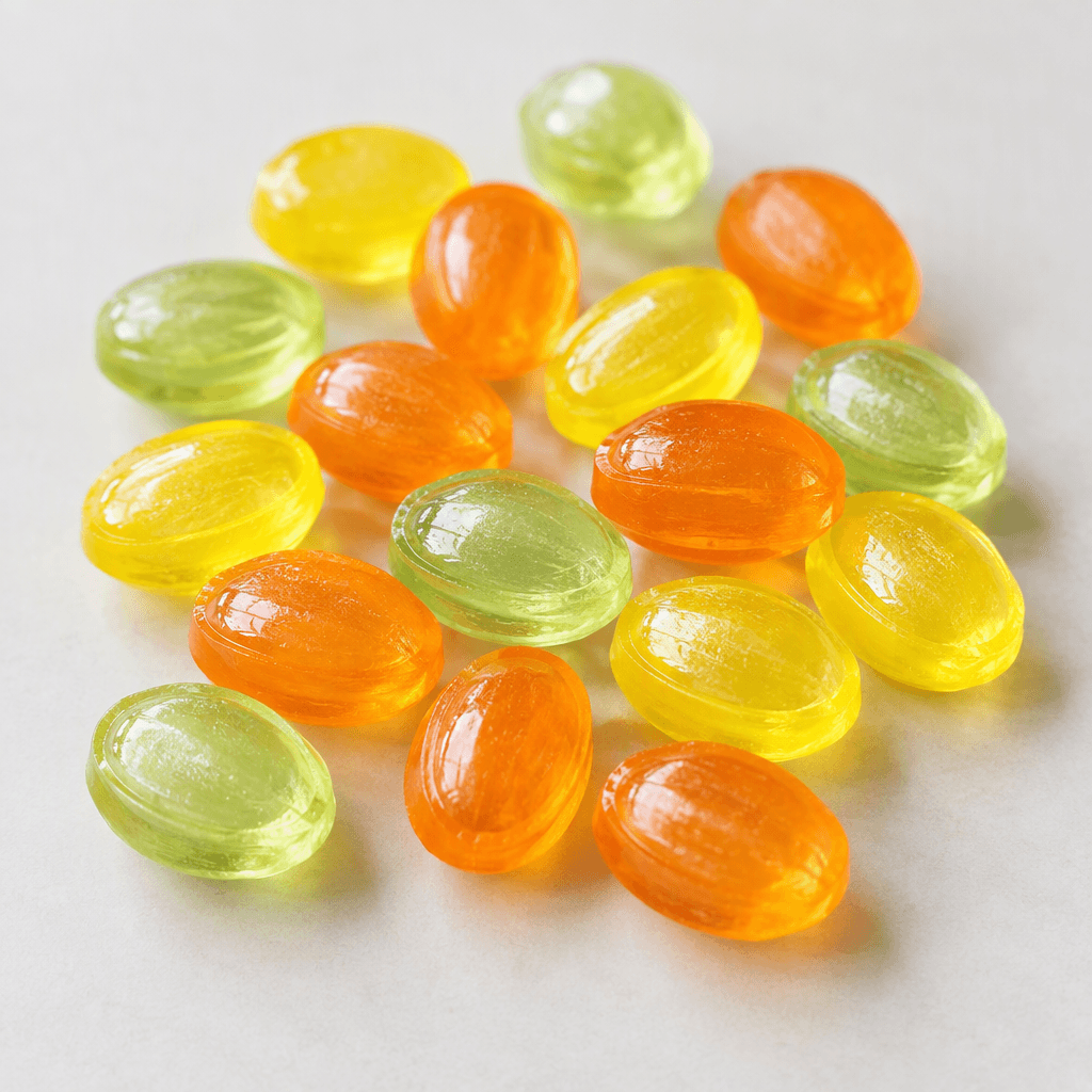 Small, smooth, glossy oval hard candies in translucent lemon-yellow, orange, and pale green, loosely scattered on a plain surface.
