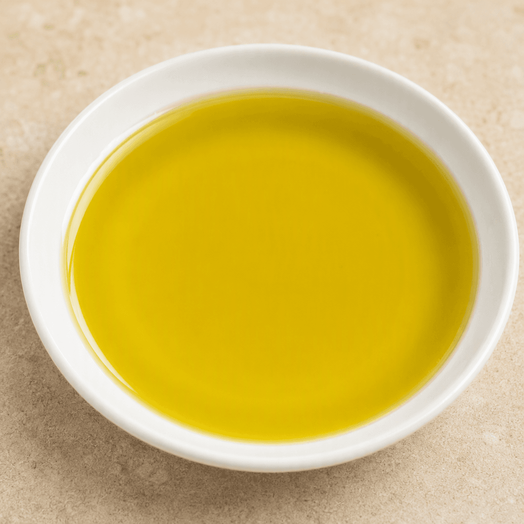 A small pool of clear, golden-green olive oil with a smooth, glossy surface, served in a shallow white dish.
