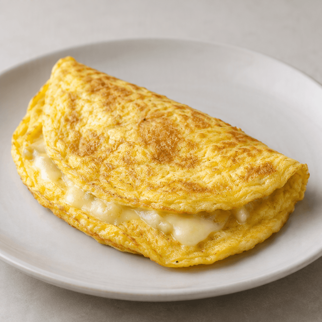 Az miktarda açık sarı erimiş peynirin göründüğü, yumuşakça katlanmış altın sarısı omlet bir tabakta servis ediliyor.