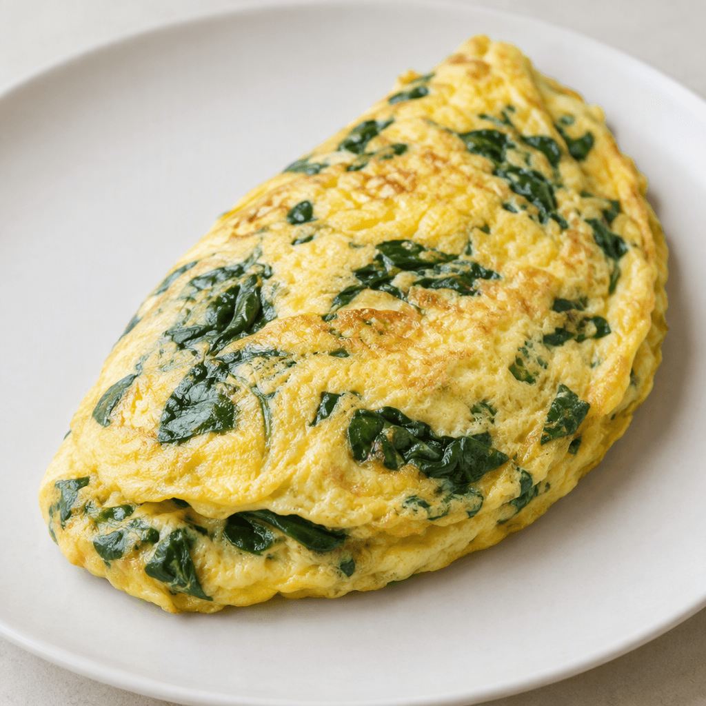 Düz bir tabakta servis edilen, içindeki koyu yeşil ıspanak parçaları yer yer görünen, soluk altın sarısı renkli ve ikiye katlanmış, yaklaşık oval biçimli bir omlet.