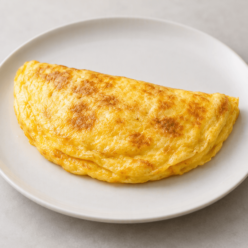 Altın sarısı, hafif parlak ve yer yer kızarmış yüzeyiyle dolgun bir yarım ay şeklinde katlanmış omlet, sade bir tabakta servis ediliyor.