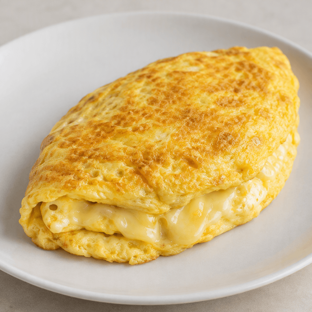 A thick, folded oval omelette with a lightly golden-yellow, softly set surface and pale straw-yellow melted cheese visible along the cut edge, served on a plain plate.