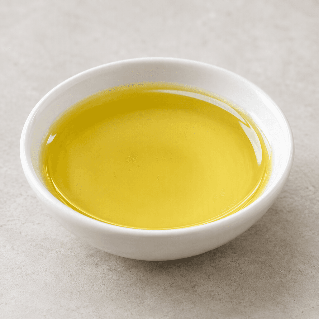 Clear, pale golden-yellow cooking oil with a smooth, glossy surface, pooled in a small shallow dish.