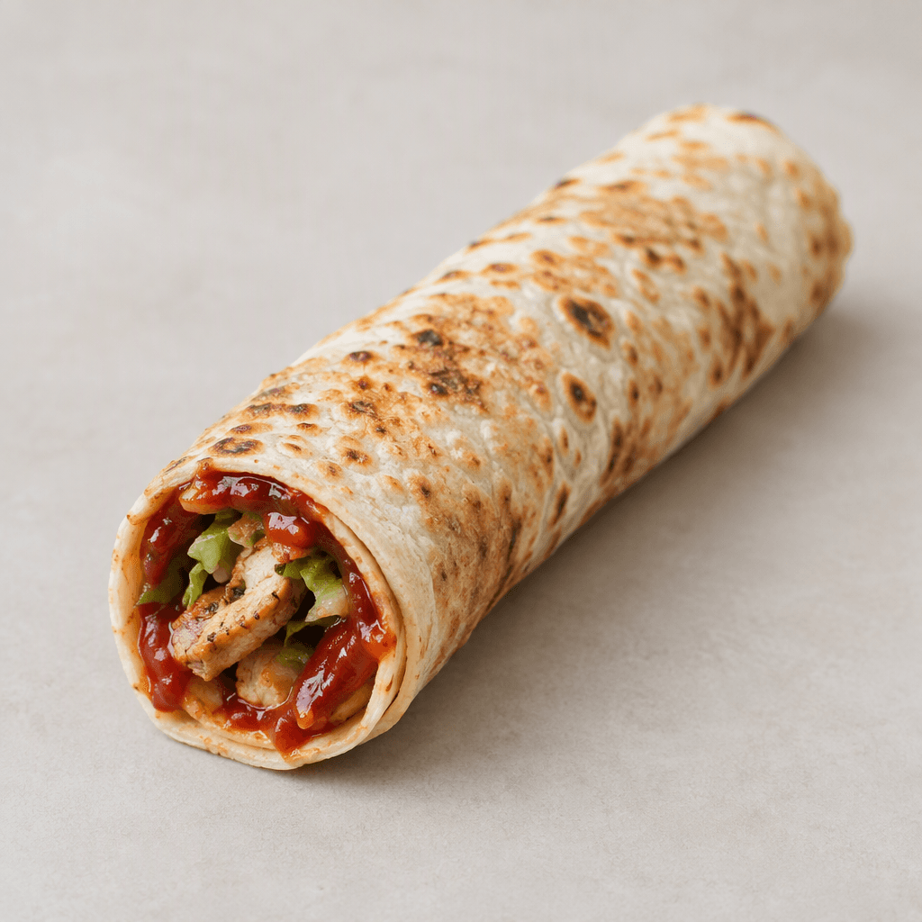 A long, tightly rolled flatbread wrap with a lightly browned surface, glossy red sauce visible along the open edge, and small pieces of filling peeking out.